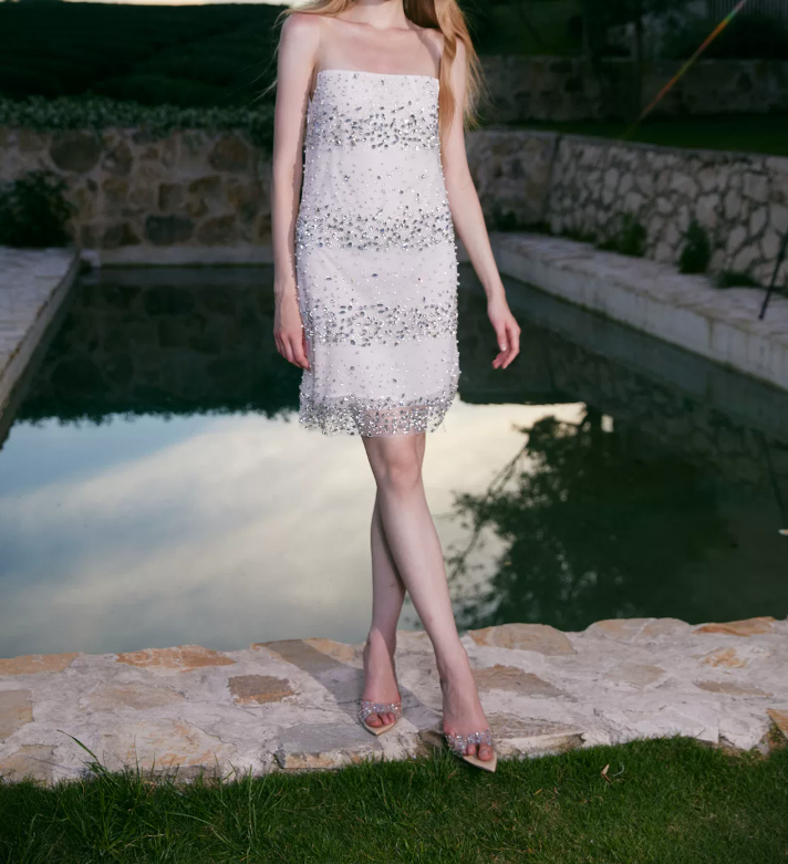 Mini robe de soirée en satin, sans bretelles, sans manches, ligne a, simple, C899