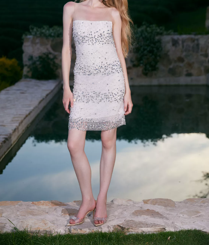 Mini robe de soirée en satin, sans bretelles, sans manches, ligne a, simple, C899