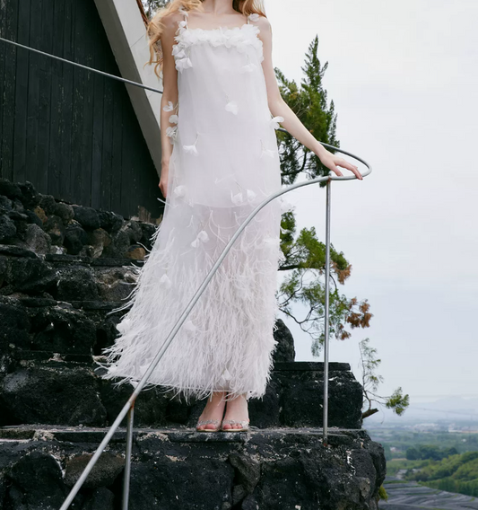 Attractive Spaghetti Straps Feather Prom Dress White 3D Flowers Sheath Evening Dress C9084