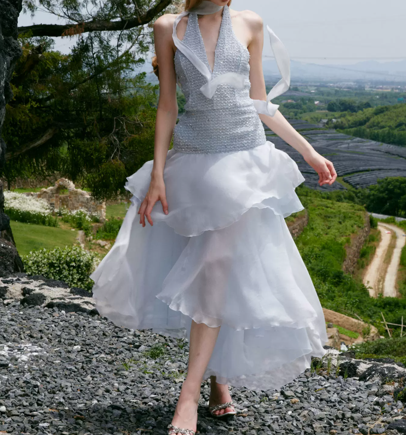 Romantic Backless Halter Neck Prom Dress Blue Sequins A-Line Evening Dress C9087