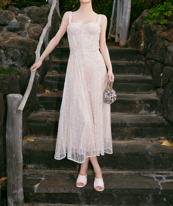 Sweet Spaghetti Straps Prom Dress Pink Lace Sequins A-Line Evening Dress C9088