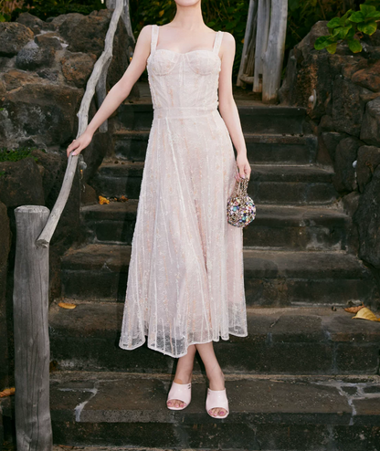 Sweet Spaghetti Straps Prom Dress Pink Lace Sequins A-Line Evening Dress C9088