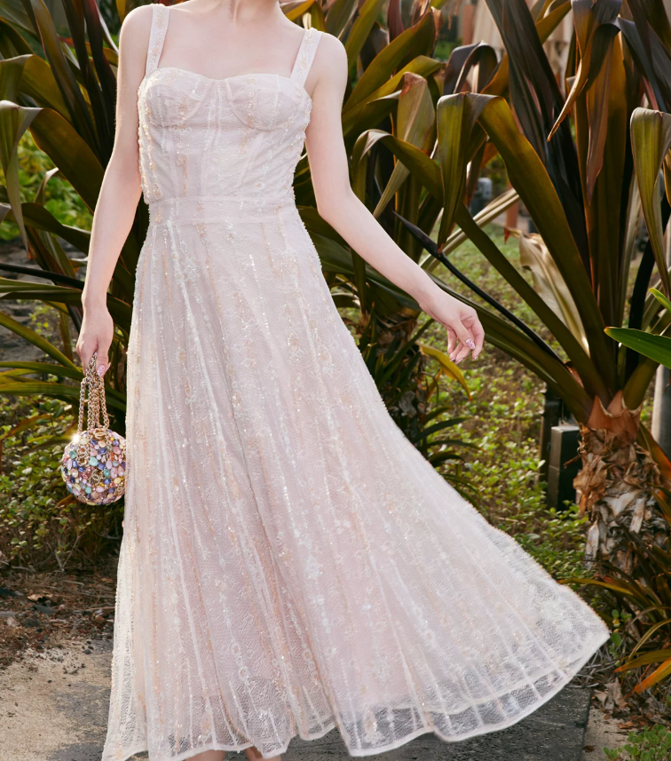 Sweet Spaghetti Straps Prom Dress Pink Lace Sequins A-Line Evening Dress C9088
