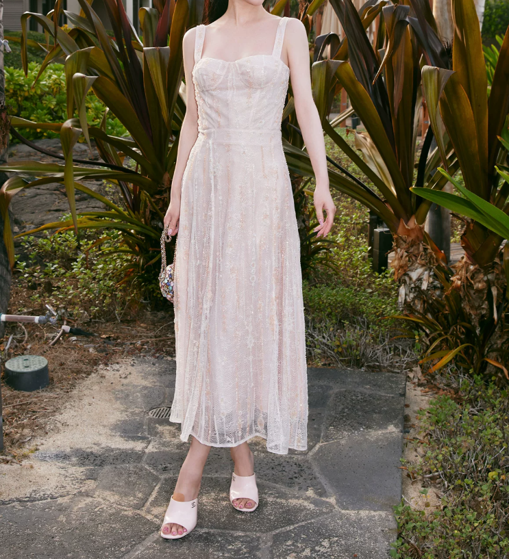 Sweet Spaghetti Straps Prom Dress Pink Lace Sequins A-Line Evening Dress C9088