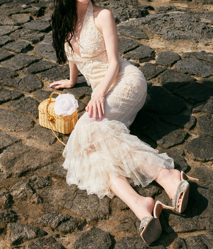 Robe de bal de princesse bustier à volants en satin long, robe de soirée C8117