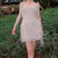 Sexy Spaghetti Straps White Homecoming Dress Sequins Feather Sheath Party Dress C9091