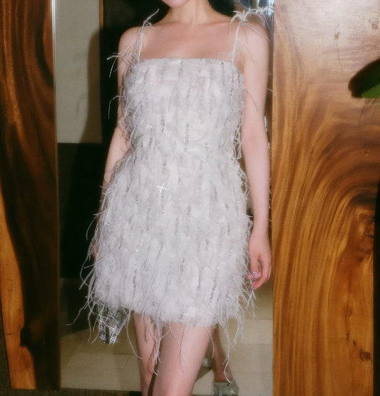 Sexy Spaghetti Straps White Homecoming Dress Sequins Feather Sheath Party Dress C9091