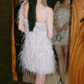 Sexy Spaghetti Straps White Homecoming Dress Sequins Feather Sheath Party Dress C9091