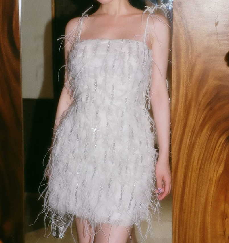 Sexy Spaghetti Straps White Homecoming Dress Sequins Feather Sheath Party Dress C9091
