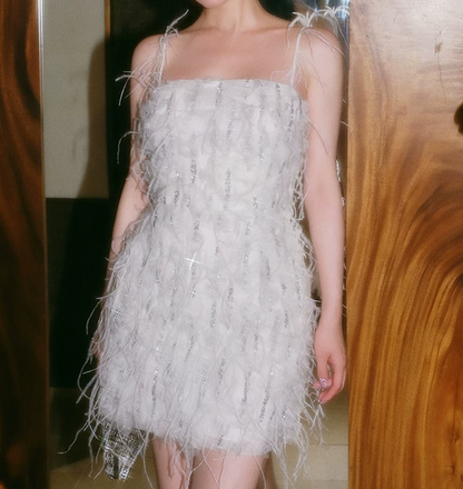 Sexy Spaghetti Straps White Homecoming Dress Sequins Feather Sheath Party Dress C9091