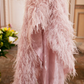 Chic Jewel Neck Feather Prom Dress Pink Sequins Slit A-Line Evening Dress C9092