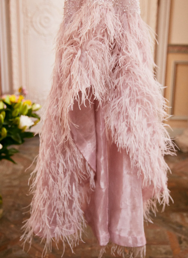 Chic Jewel Neck Feather Prom Dress Pink Sequins Slit A-Line Evening Dress C9092