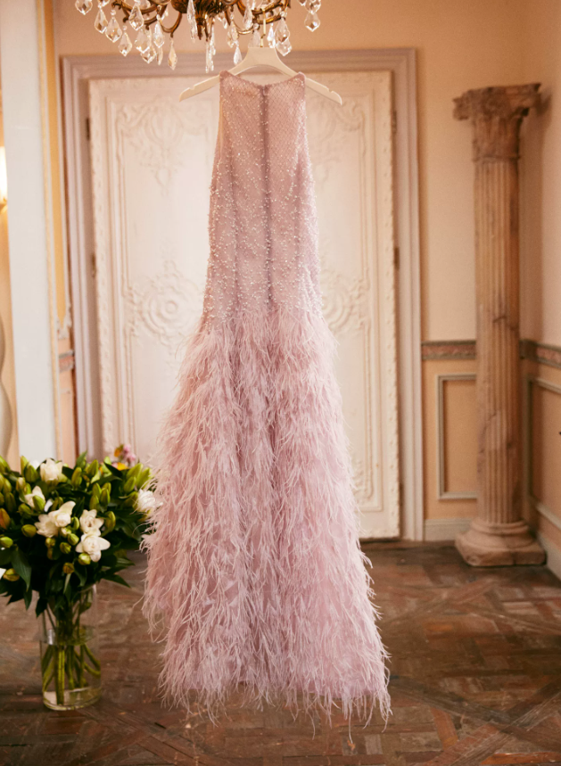 Chic Jewel Neck Feather Prom Dress Pink Sequins Slit A-Line Evening Dress C9092