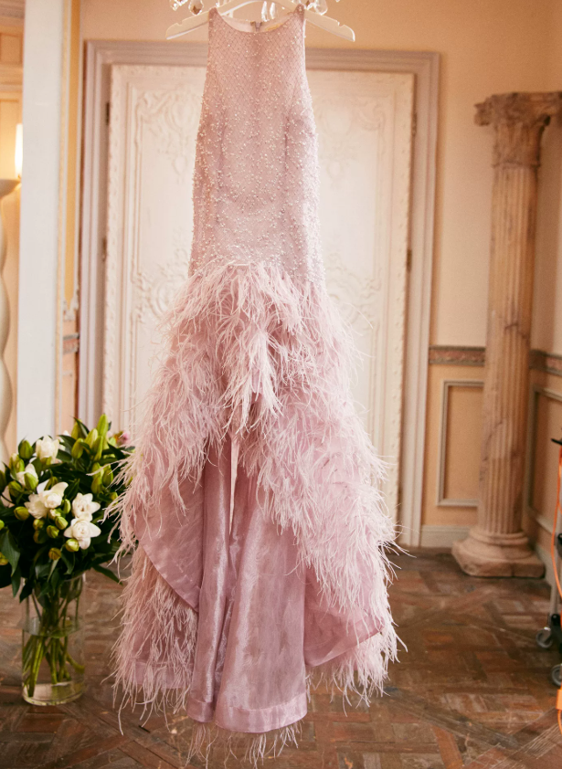 Chic Jewel Neck Feather Prom Dress Pink Sequins Slit A-Line Evening Dress C9092