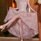 Chic Jewel Neck Feather Prom Dress Pink Sequins Slit A-Line Evening Dress C9092