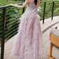 Chic Jewel Neck Feather Prom Dress Pink Sequins Slit A-Line Evening Dress C9092