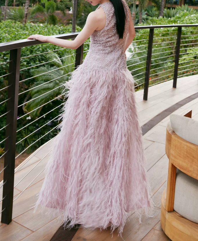 Chic Jewel Neck Feather Prom Dress Pink Sequins Slit A-Line Evening Dress C9092