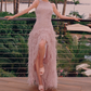 Chic Jewel Neck Feather Prom Dress Pink Sequins Slit A-Line Evening Dress C9092