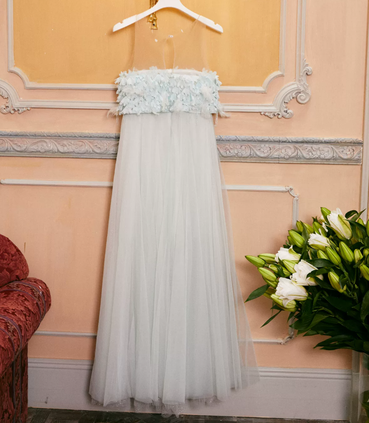 Elegant Illusion Neck Blue Prom Dress Feather Tulle A-Line Evening Dress C9096
