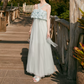 Elegant Illusion Neck Blue Prom Dress Feather Tulle A-Line Evening Dress C9096