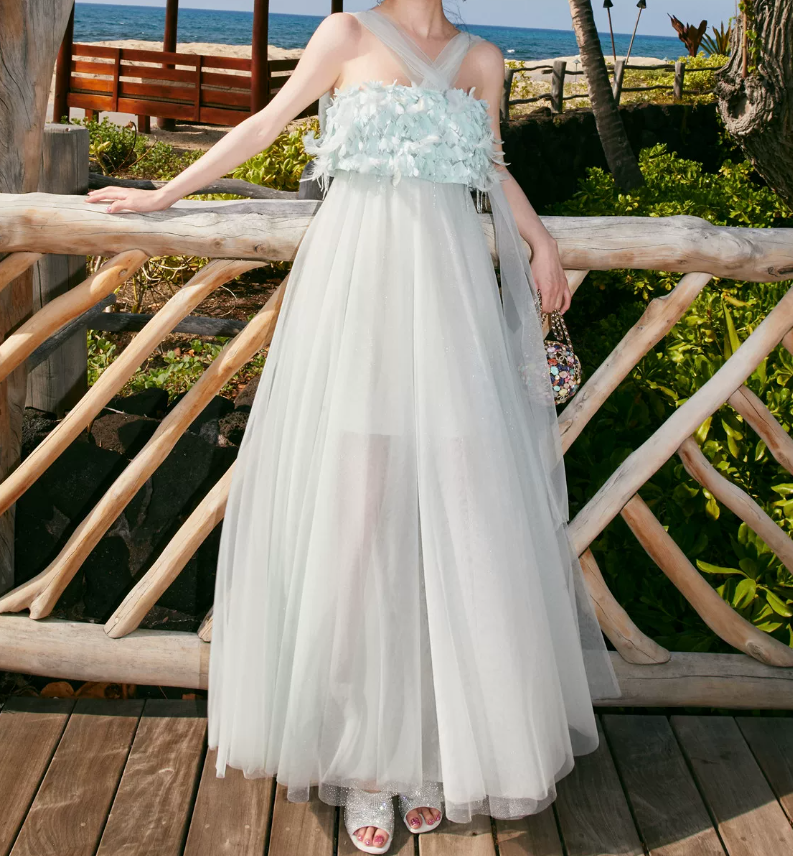 Elegant Illusion Neck Blue Prom Dress Feather Tulle A-Line Evening Dress C9096