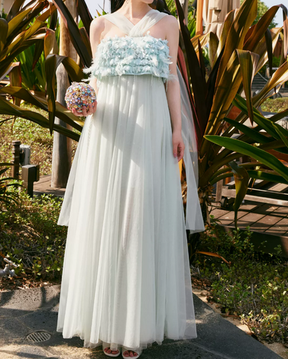 Elegant Illusion Neck Blue Prom Dress Feather Tulle A-Line Evening Dress C9096