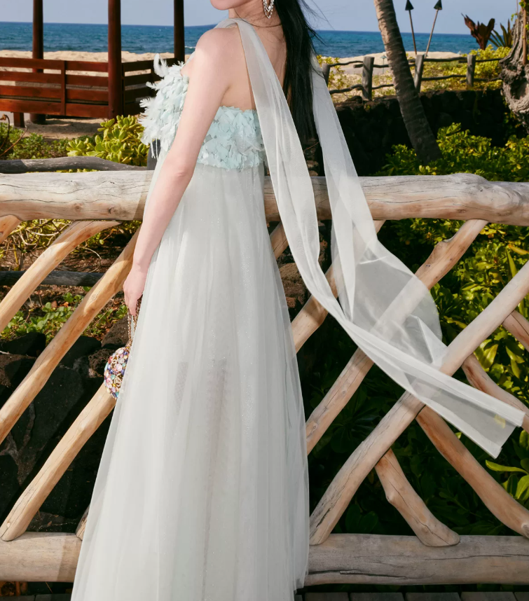 Elegant Illusion Neck Blue Prom Dress Feather Tulle A-Line Evening Dress C9096