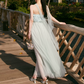 Elegant Illusion Neck Blue Prom Dress Feather Tulle A-Line Evening Dress C9096