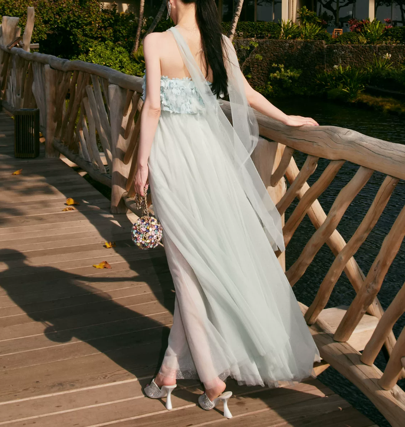 Elegant Illusion Neck Blue Prom Dress Feather Tulle A-Line Evening Dress C9096