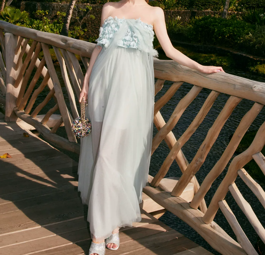 Elegant Illusion Neck Blue Prom Dress Feather Tulle A-Line Evening Dress C9096
