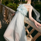 Elegant Illusion Neck Blue Prom Dress Feather Tulle A-Line Evening Dress C9096