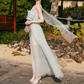 Elegant Illusion Neck Blue Prom Dress Feather Tulle A-Line Evening Dress C9096