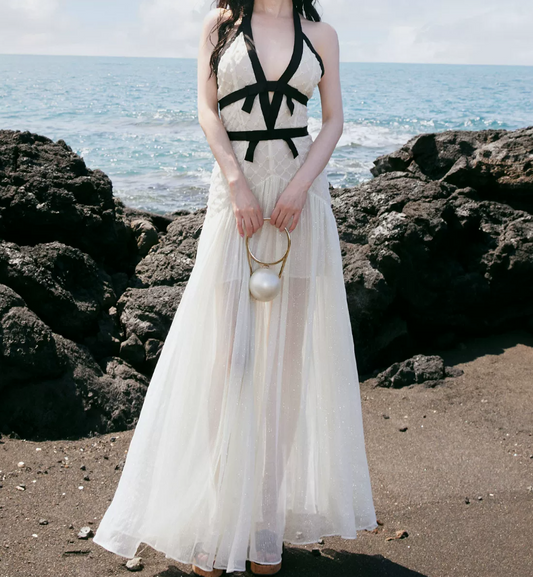 Enchanting Halter Neck Prom Dress Ivory Backless A-Line Evening Dress C9099
