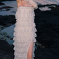 Sparkling Strapless Tiered Prom Dress White Beading Slit Sheath Evening Dress C9101