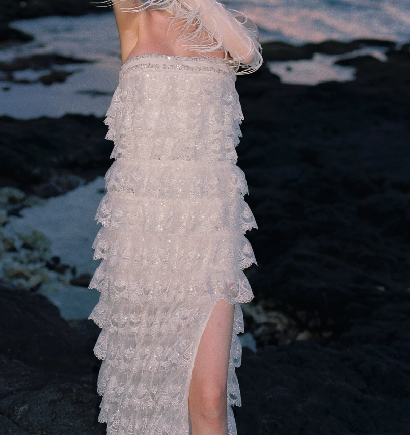 Sparkling Strapless Tiered Prom Dress White Beading Slit Sheath Evening Dress C9101