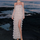 Sparkling Strapless Tiered Prom Dress White Beading Slit Sheath Evening Dress C9101