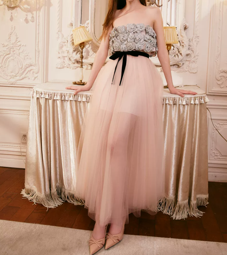 Romantic Strapless Tulle Prom Dress Sequins Floral A-Line Evening Dress C9102