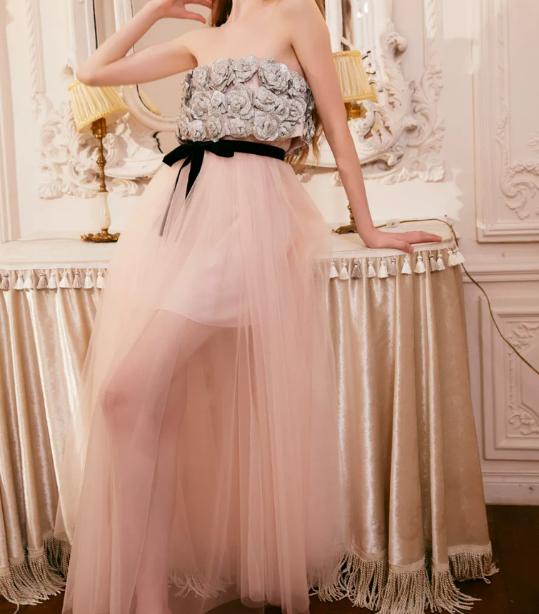 Romantic Strapless Tulle Prom Dress Sequins Floral A-Line Evening Dress C9102