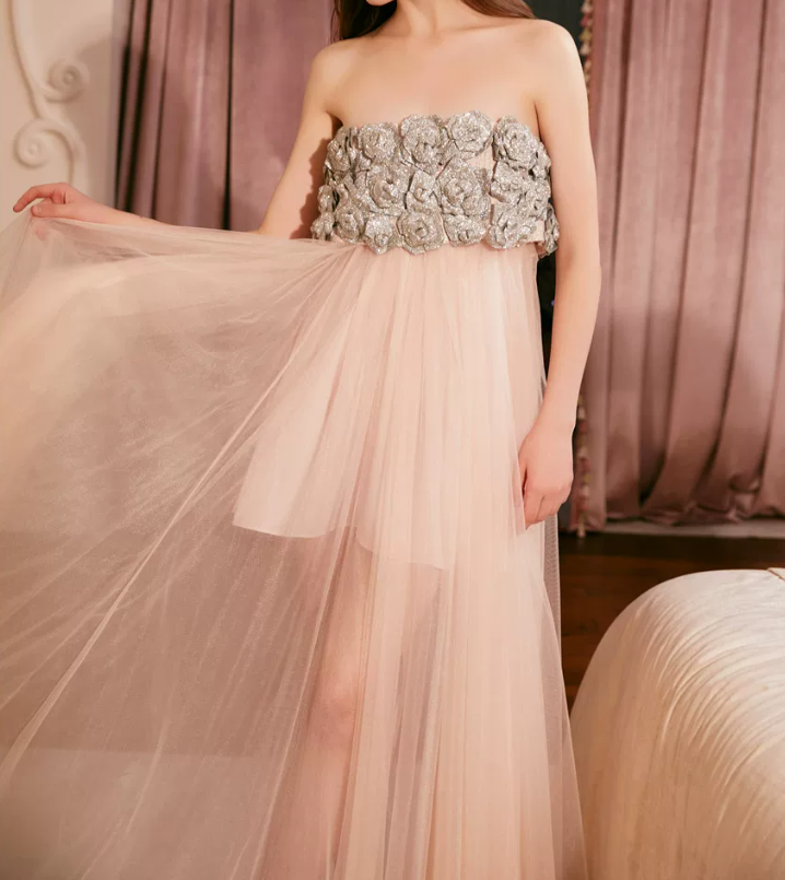 Romantic Strapless Tulle Prom Dress Sequins Floral A-Line Evening Dress C9102