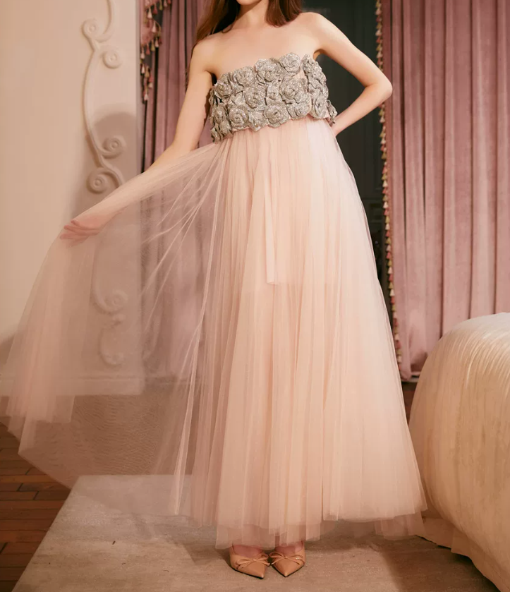 Romantic Strapless Tulle Prom Dress Sequins Floral A-Line Evening Dress C9102