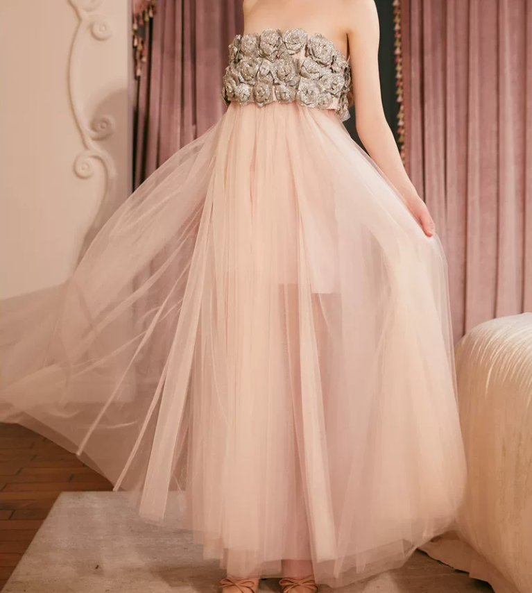 Romantic Strapless Tulle Prom Dress Sequins Floral A-Line Evening Dress C9102
