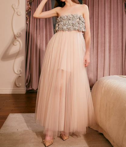 Romantic Strapless Tulle Prom Dress Sequins Floral A-Line Evening Dress C9102
