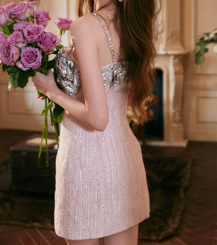 Glittering Spaghetti Straps Pink Homecoming Dress 3D Appliques Sequins Sheath Party Dress C9105