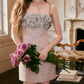 Glittering Spaghetti Straps Pink Homecoming Dress 3D Appliques Sequins Sheath Party Dress C9105