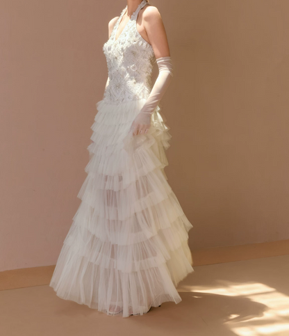 Unique Halter Neck Beaded Wedding Dresses Tiered Tulle A-Line Bridal Dress C9108