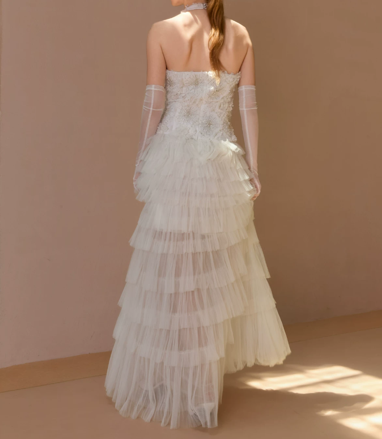 Unique Halter Neck Beaded Wedding Dresses Tiered Tulle A-Line Bridal Dress C9108