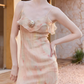 Glam Spaghetti Straps Prom Dress Pink Floral Slit Sheath Evening Dress C9109