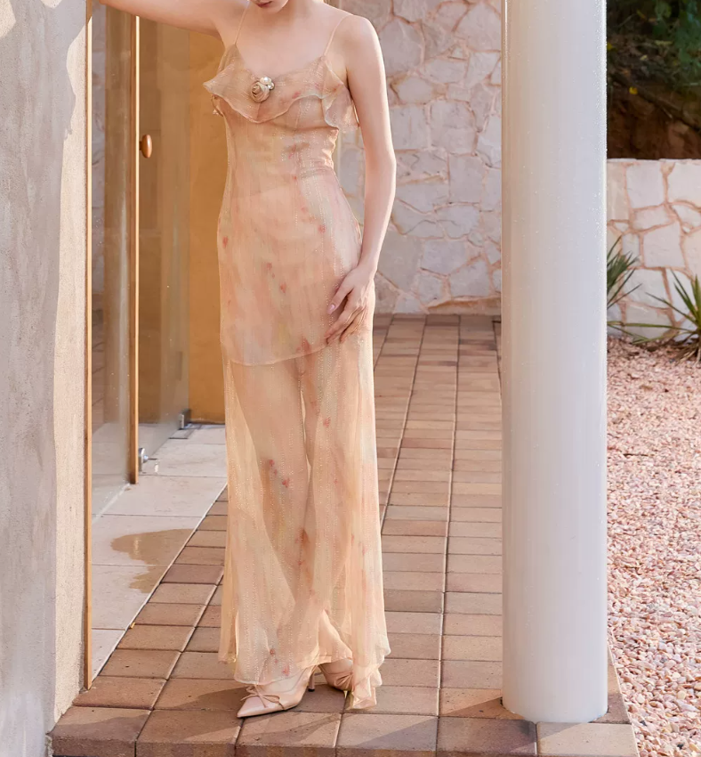 Glam Spaghetti Straps Prom Dress Pink Floral Slit Sheath Evening Dress C9109