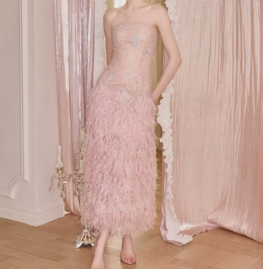 Glittering Strapless Pink Prom Dress Sequins Feather A-Line Evening Dress C9111