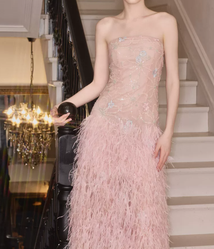 Glittering Strapless Pink Prom Dress Sequins Feather A-Line Evening Dress C9111